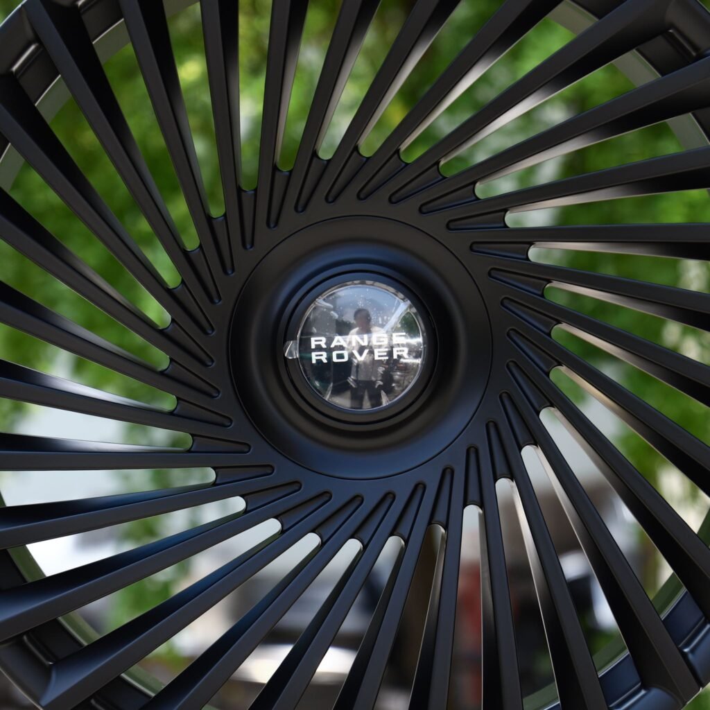5x120 wheels – Satin Black Swirl Multi-Spoke Floating Cap (Land Rover OEM-Style), side view