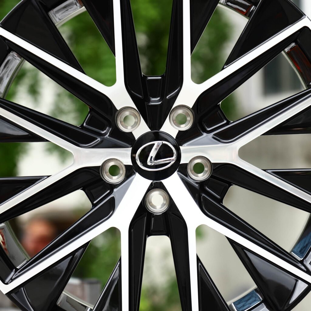 Lexus IS wheels – Gloss Black Machined Twin 5-Spoke Multi (Lexus OEM-Style), lip and barrel detail