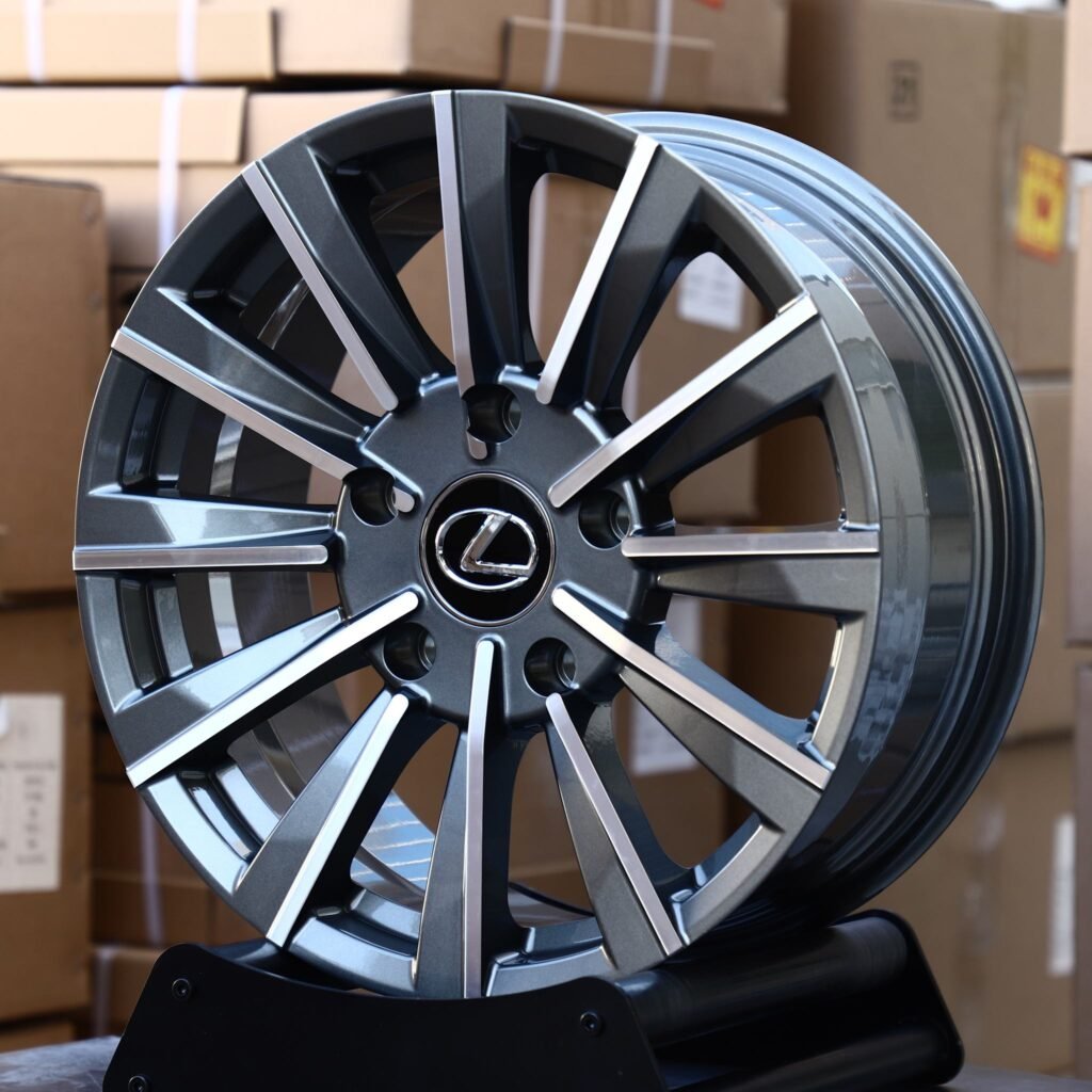 Lexus ES wheels – Gunmetal Machined Twin 10-Spoke Directional (Lexus OEM-Style), angled view