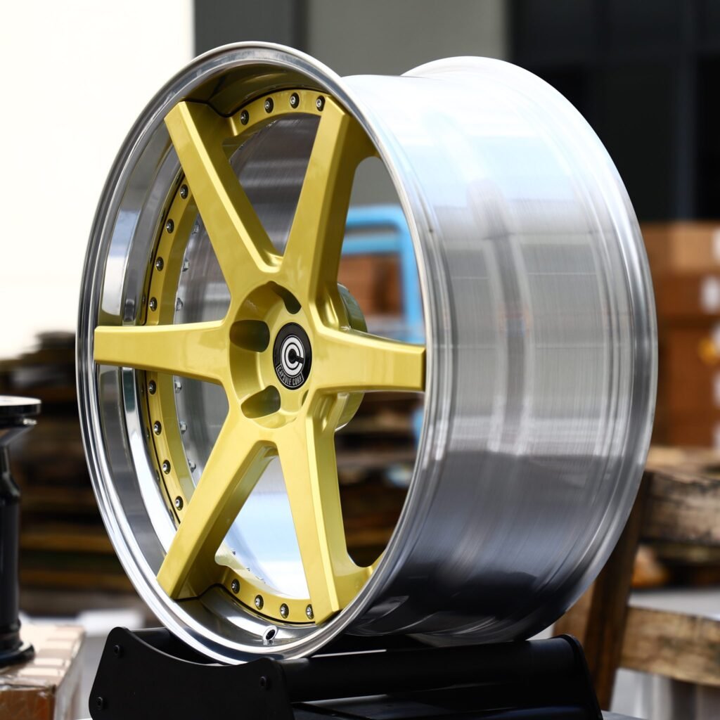 5x114.3 wheels – 2-Piece Gold 6-Spoke Riveted Polished Lip, side view