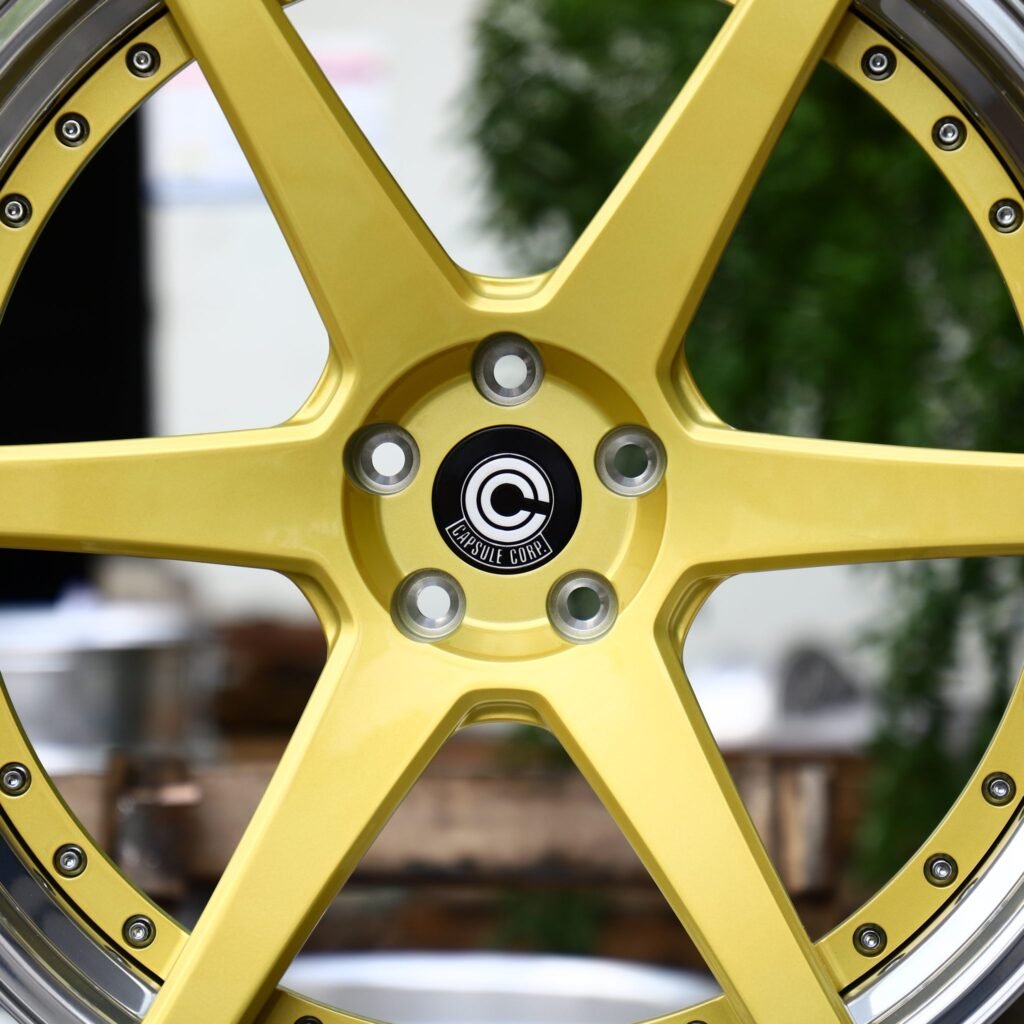 Tesla Model 3 wheels – 2-Piece Gold 6-Spoke Riveted Polished Lip, lip and barrel detail