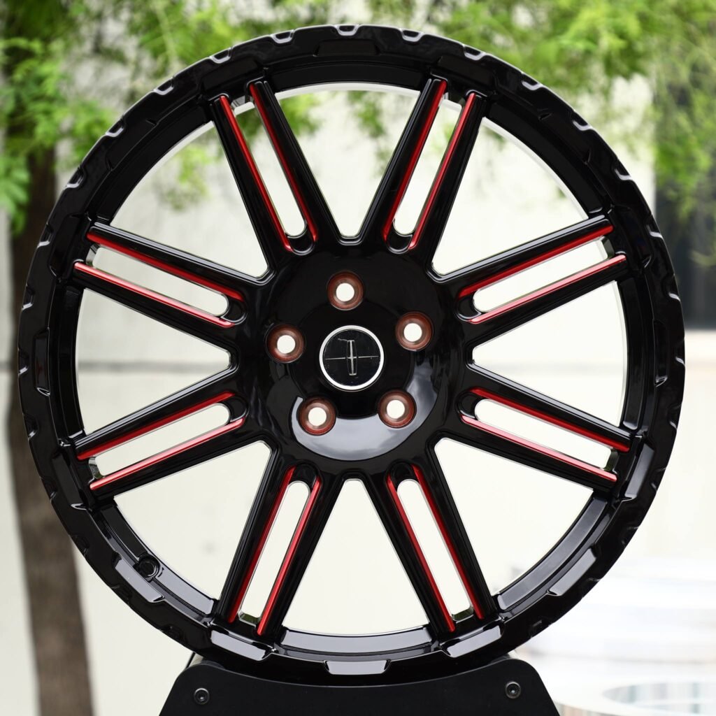 Lincoln Aviator wheels – Gloss Black / Red-Milled Twin 8-Spoke (Lincoln OEM-Style), front view