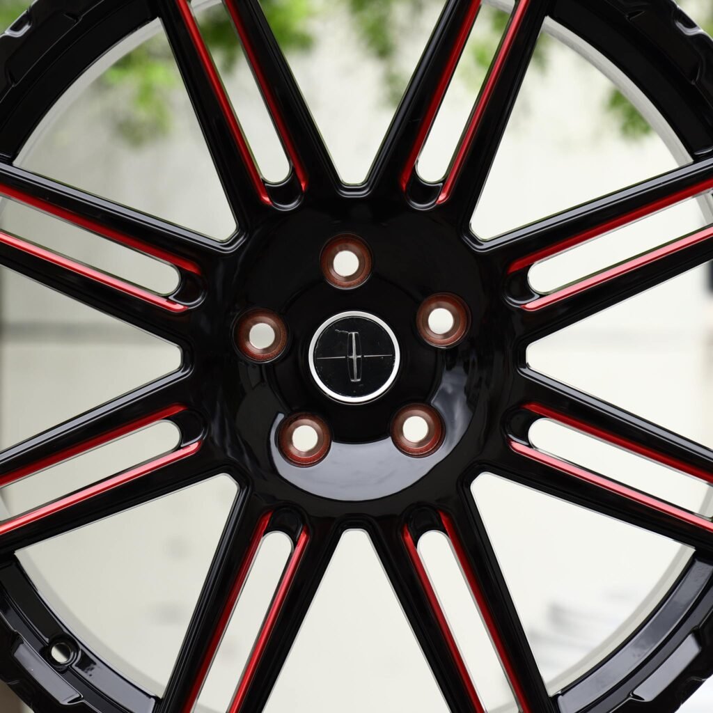 Lincoln Aviator wheels – Gloss Black / Red-Milled Twin 8-Spoke (Lincoln OEM-Style), lip and barrel detail