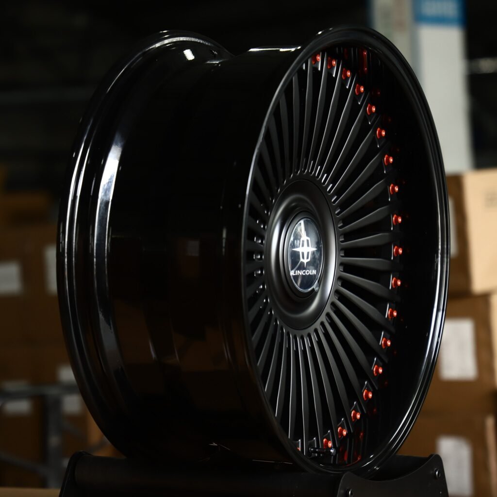 5x108 wheels – Satin Black Multi-Spoke 2-Piece Red-Rivet Floating Cap (Lincoln OEM-Style), side view