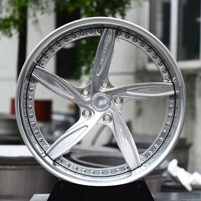 Mercedes-Benz E-Class / BMW 5 Series Forged Wheels – Brushed Silver 5-Spoke Star 2-Piece Riveted Lip, front view