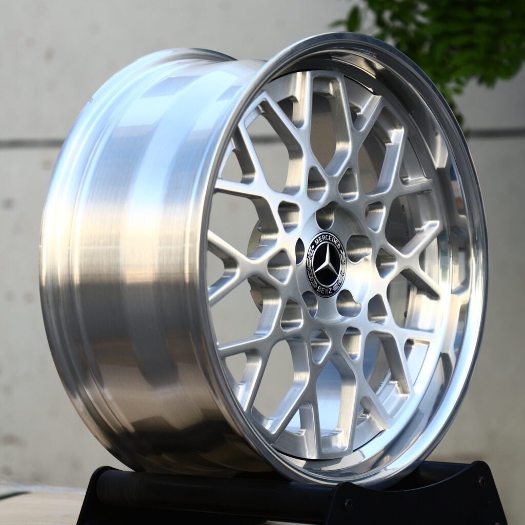 5x112 wheels – 2-Piece Brushed Silver Web Mesh Polished Lip (Mercedes-Benz OEM-Style), side view