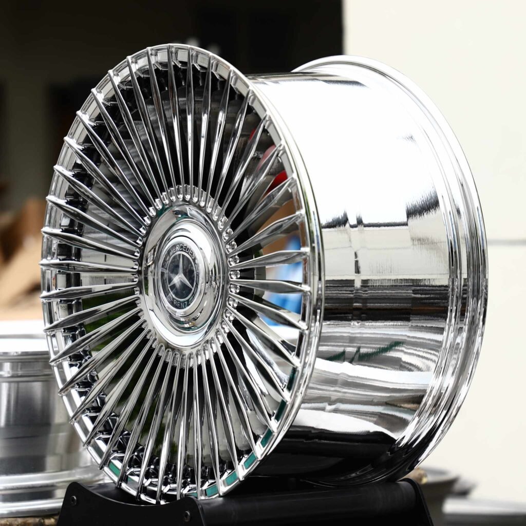 Mercedes-Benz S-Class wheels – Chrome Multi-Spoke Full-Face Floating Cap (Mercedes-Benz OEM-Style), angled view