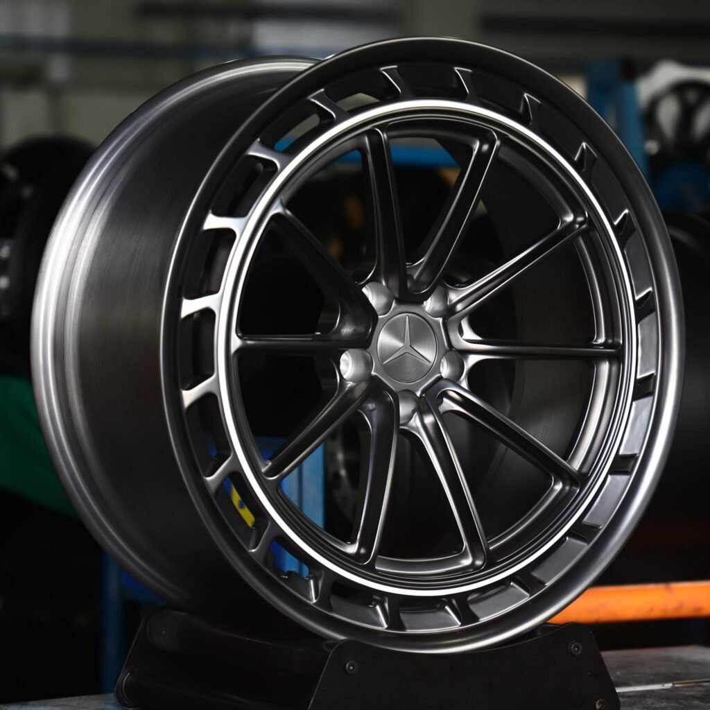 Mercedes GLE wheels – Transparent Gray Brushed 10-Spoke Windowed Ring (Mercedes-Benz OEM-Style), angled view