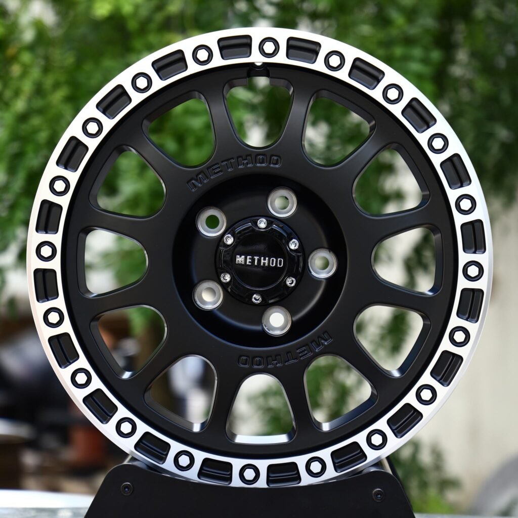 Jeep Wrangler wheels – Matte Black Machined Bolt Ring 12-Spoke (Method-Style), front view
