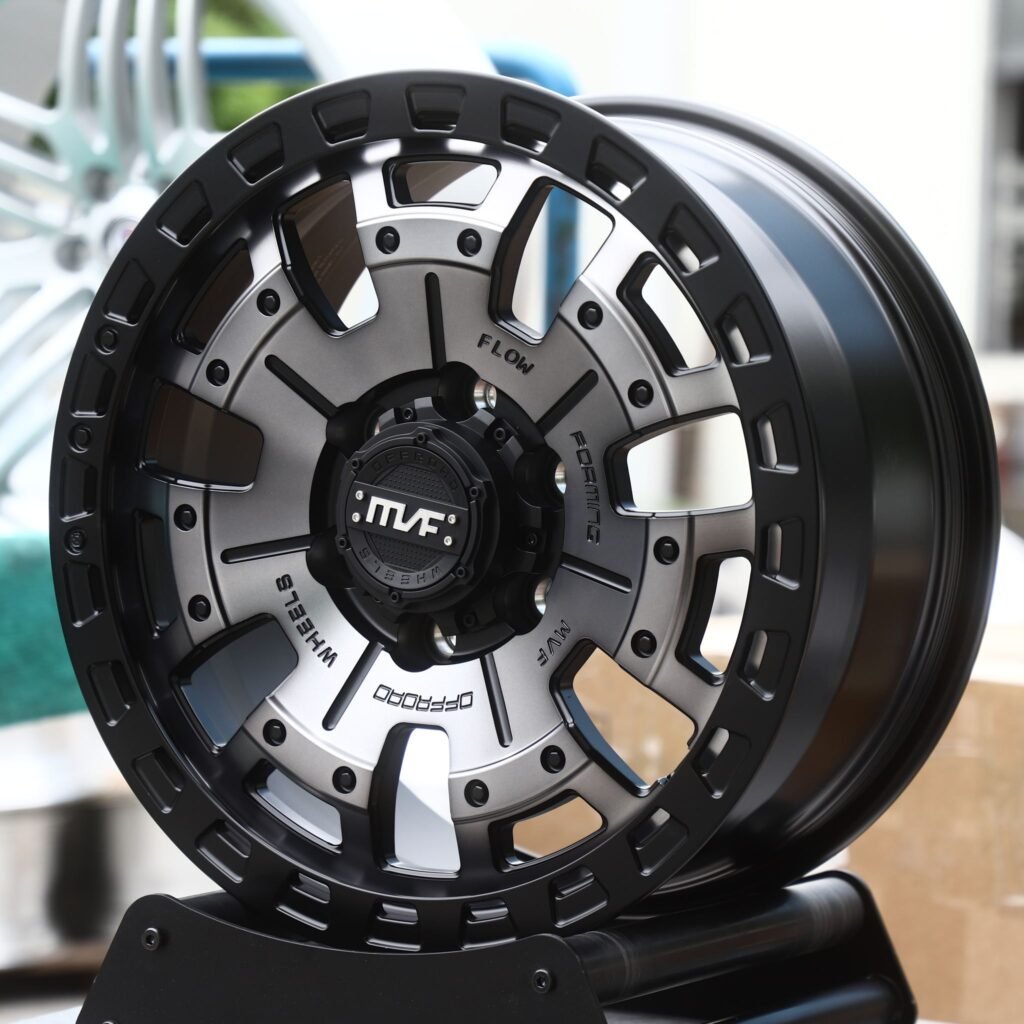 Chevrolet Silverado 1500 wheels – Gunmetal / Black Windowed Disc (MVF-Style), angled view