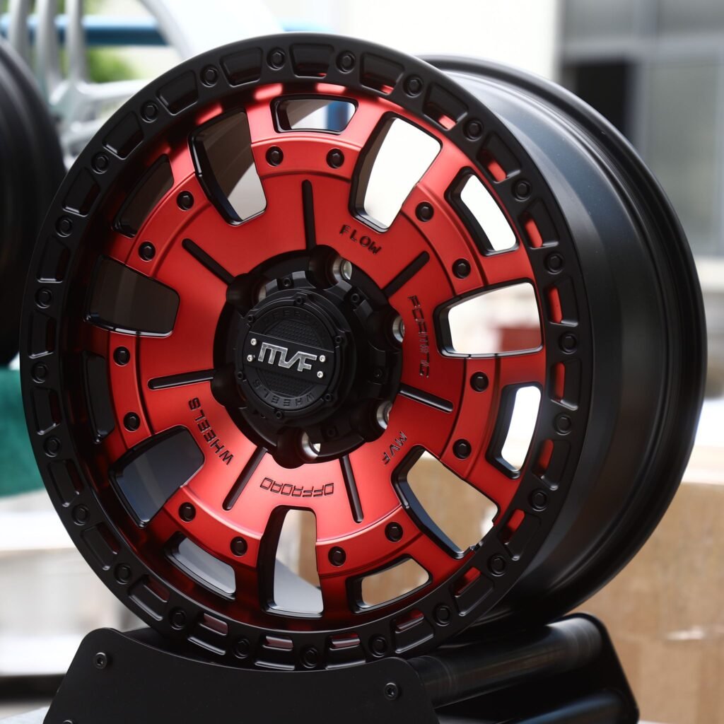 Toyota Tacoma wheels – Red / Black Windowed Disc (MVF-Style), angled view