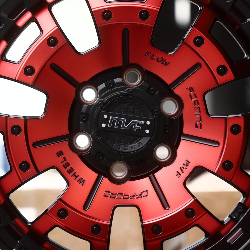 Toyota 4Runner wheels – Red / Black Windowed Disc (MVF-Style), lip and barrel detail