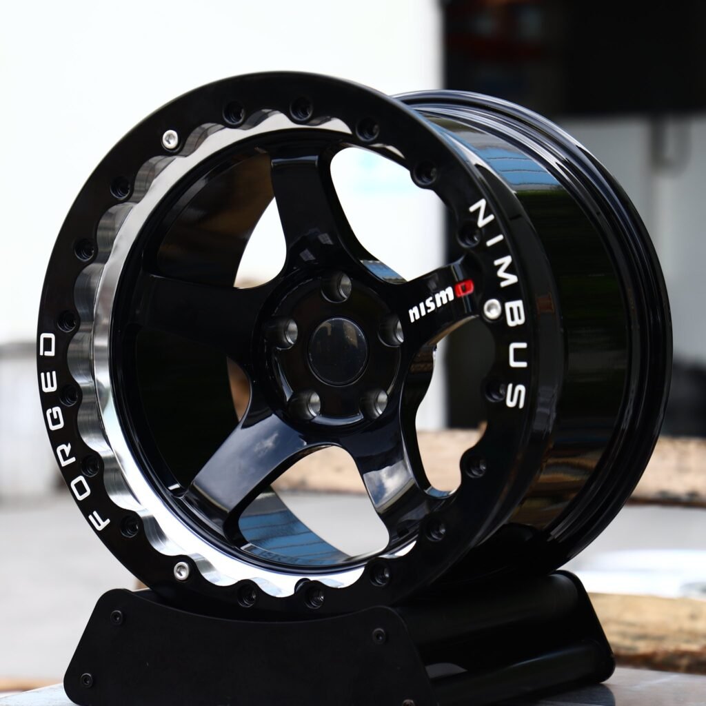 Nissan 370Z wheels – Gloss Black 5-Spoke Beadlock (Nismo-Style), angled view
