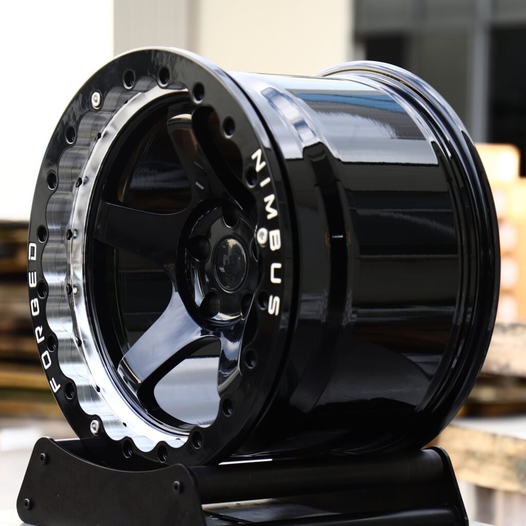 5x114.3 wheels – Gloss Black 5-Spoke Beadlock (Nismo-Style), side view
