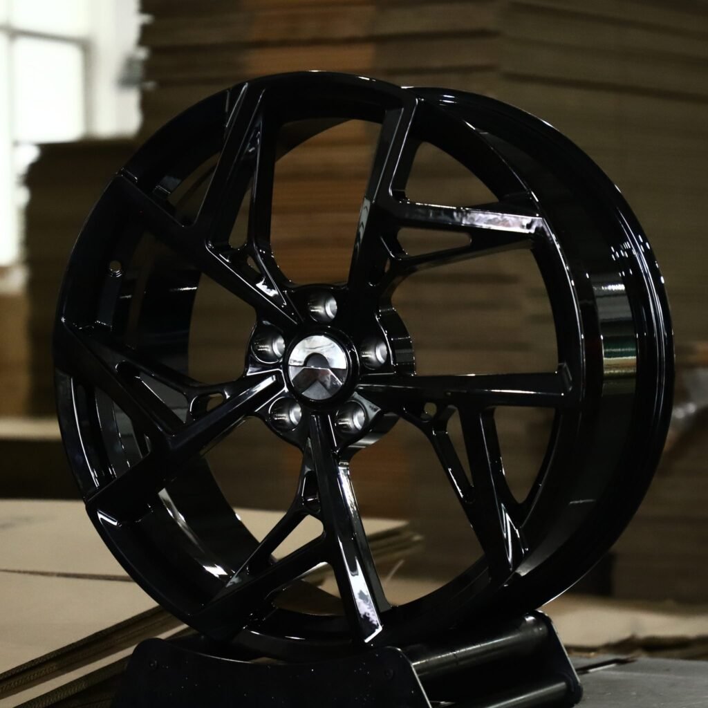 Nissan GT-R wheels – Gloss Black 5-Spoke Directional Blade, angled view