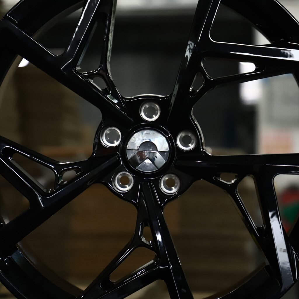 Tesla Model 3 wheels – Gloss Black 5-Spoke Directional Blade, lip and barrel detail