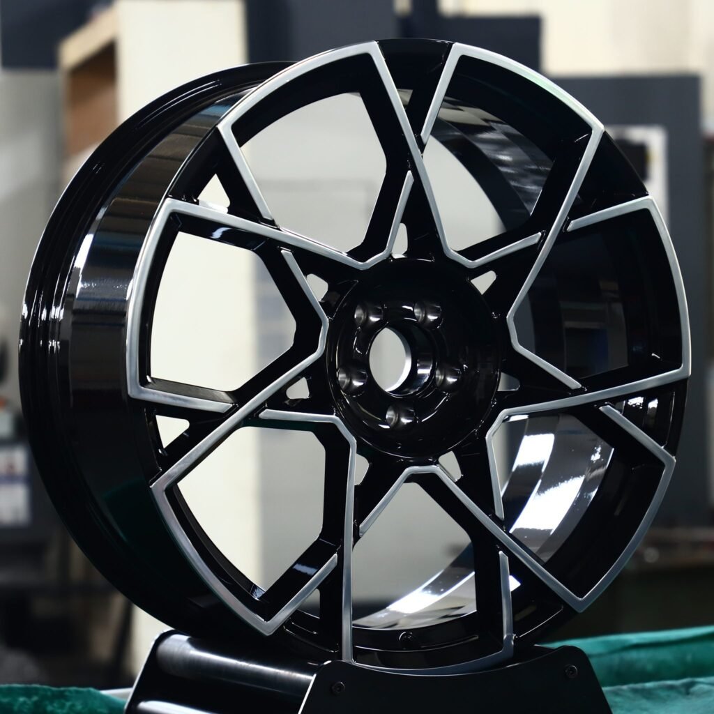 Nissan GT-R wheels – Gloss Black Machined 5-Star Split-Spoke, angled view