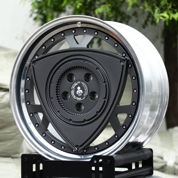 Nissan 370Z wheels – Matte Black Rotor Disc 2-Piece Polished Deep Lip, front view
