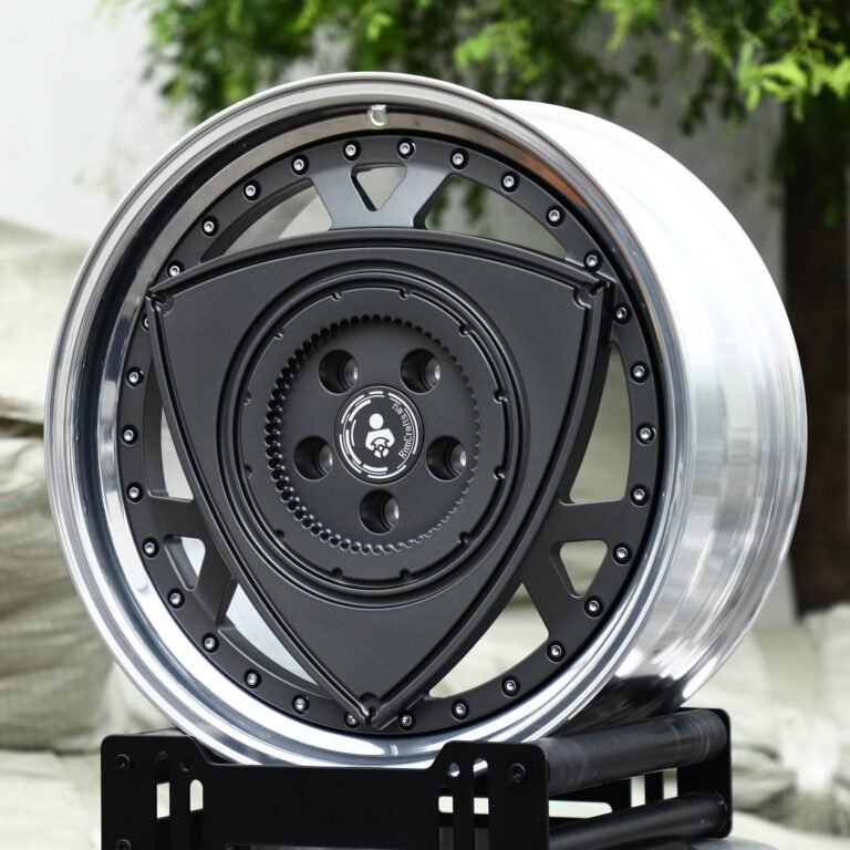 Nissan 370Z wheels – Matte Black Rotor Disc 2-Piece Polished Deep Lip, front view