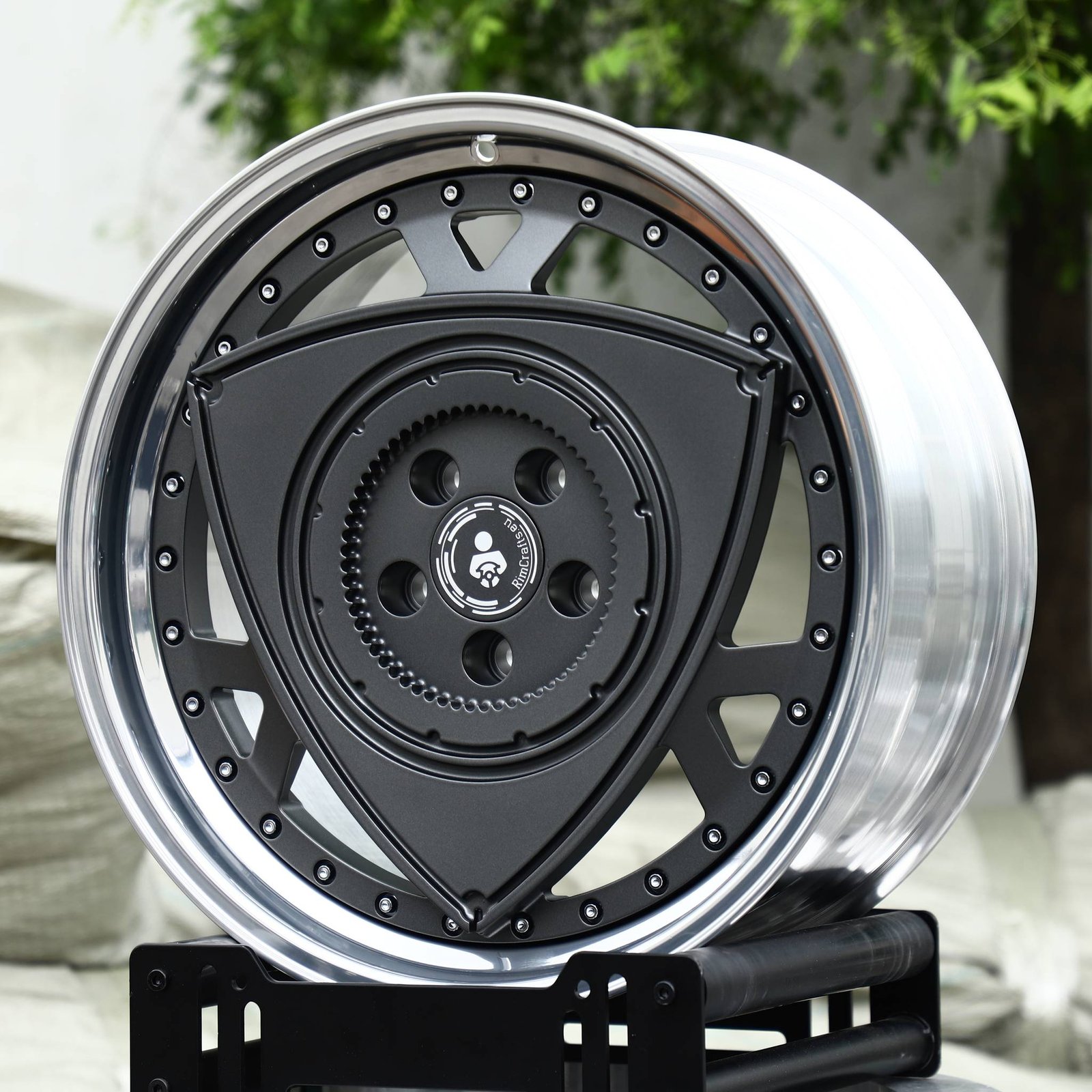 Nissan 370Z wheels – Matte Black Rotor Disc 2-Piece Polished Deep Lip, front view