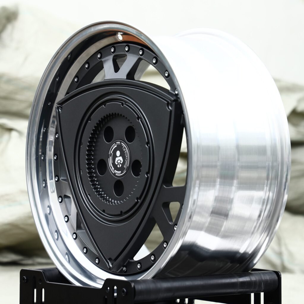 Infiniti Q50 wheels – Matte Black Rotor Disc 2-Piece Polished Deep Lip, angled view