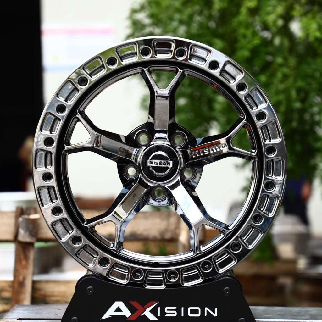 Nissan 370Z wheels – Black Chrome Split 5-Spoke Beadlock (Nissan OEM-Style), front view