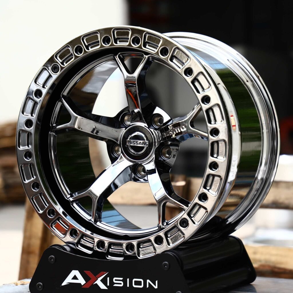 Nissan GT-R wheels – Black Chrome Split 5-Spoke Beadlock (Nissan OEM-Style), angled view