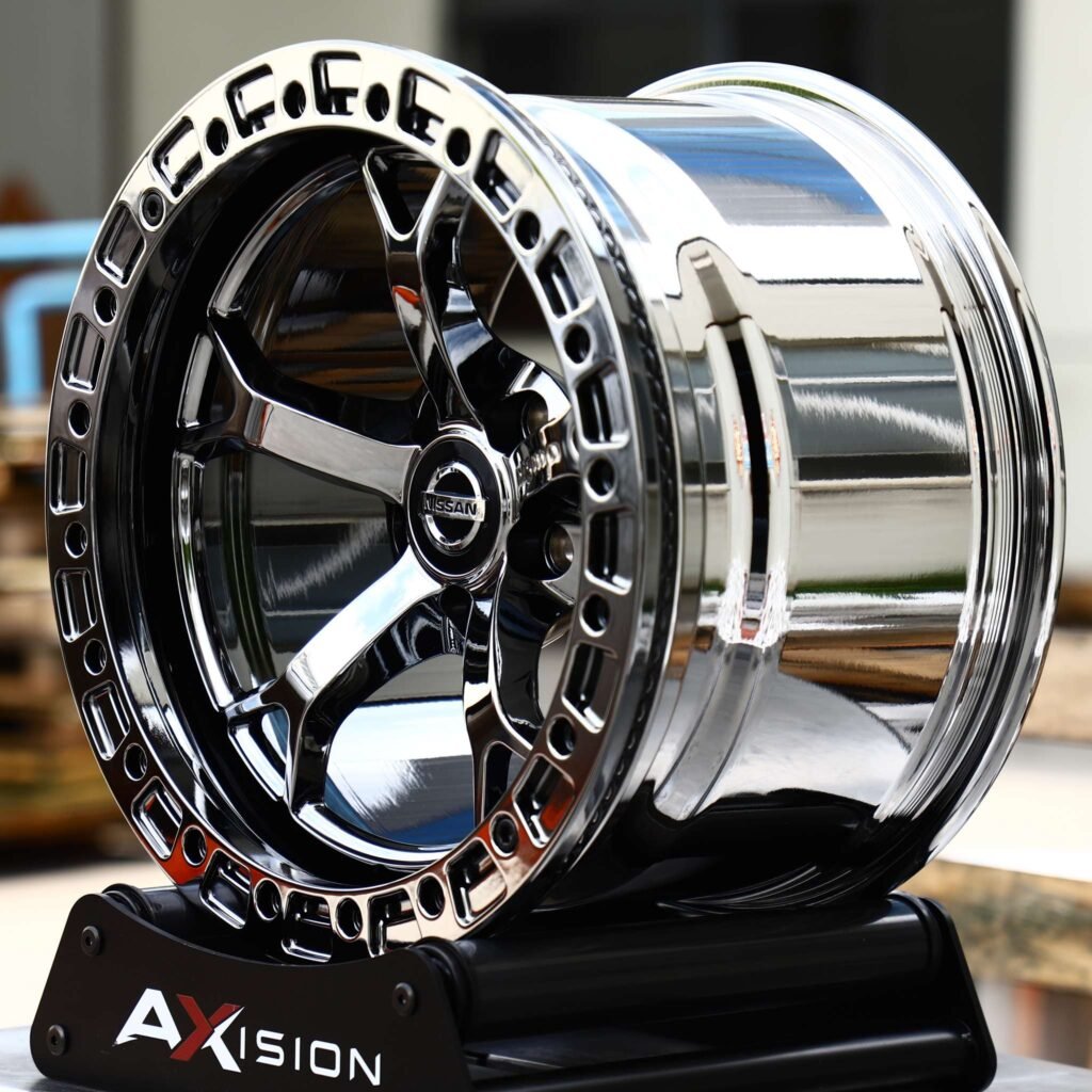 5x114.3 wheels – Black Chrome Split 5-Spoke Beadlock (Nissan OEM-Style), side view