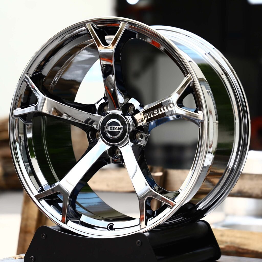 Nissan GT-R wheels – Black Chrome Split 5-Spoke (Nissan OEM-Style), angled view