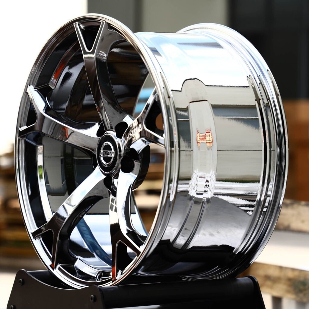 5x114.3 wheels – Black Chrome Split 5-Spoke (Nissan OEM-Style), side view