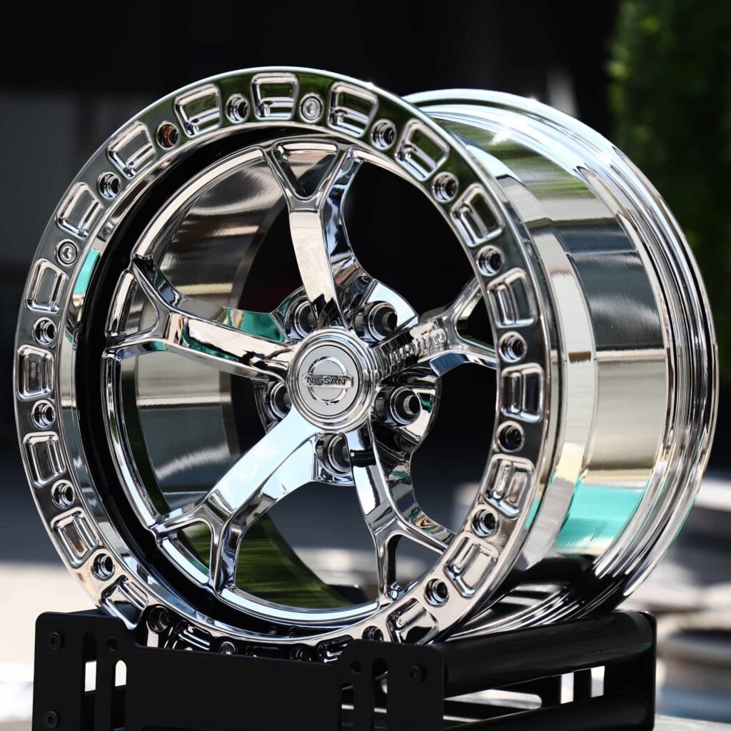 Nissan 370Z wheels – Chrome 5 Split-Spoke Silver Ring Beadlock (Nissan OEM-Style), angled view