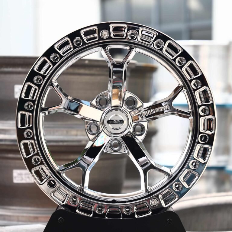Nissan GT-R wheels – Chrome 5-Spoke Black Ring Beadlock (Nissan OEM-Style), front view