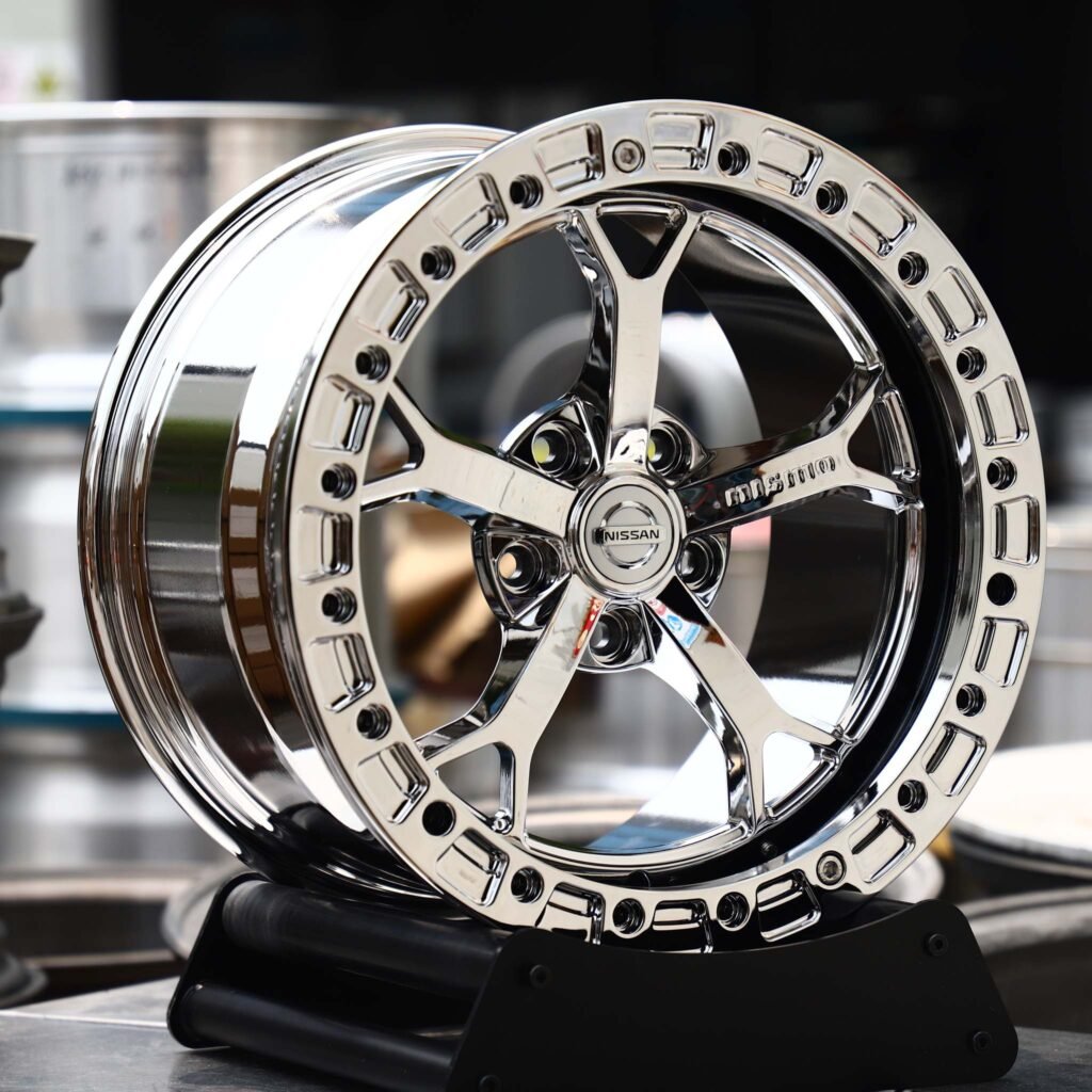 Nissan 370Z wheels – Chrome 5-Spoke Black Ring Beadlock (Nissan OEM-Style), angled view