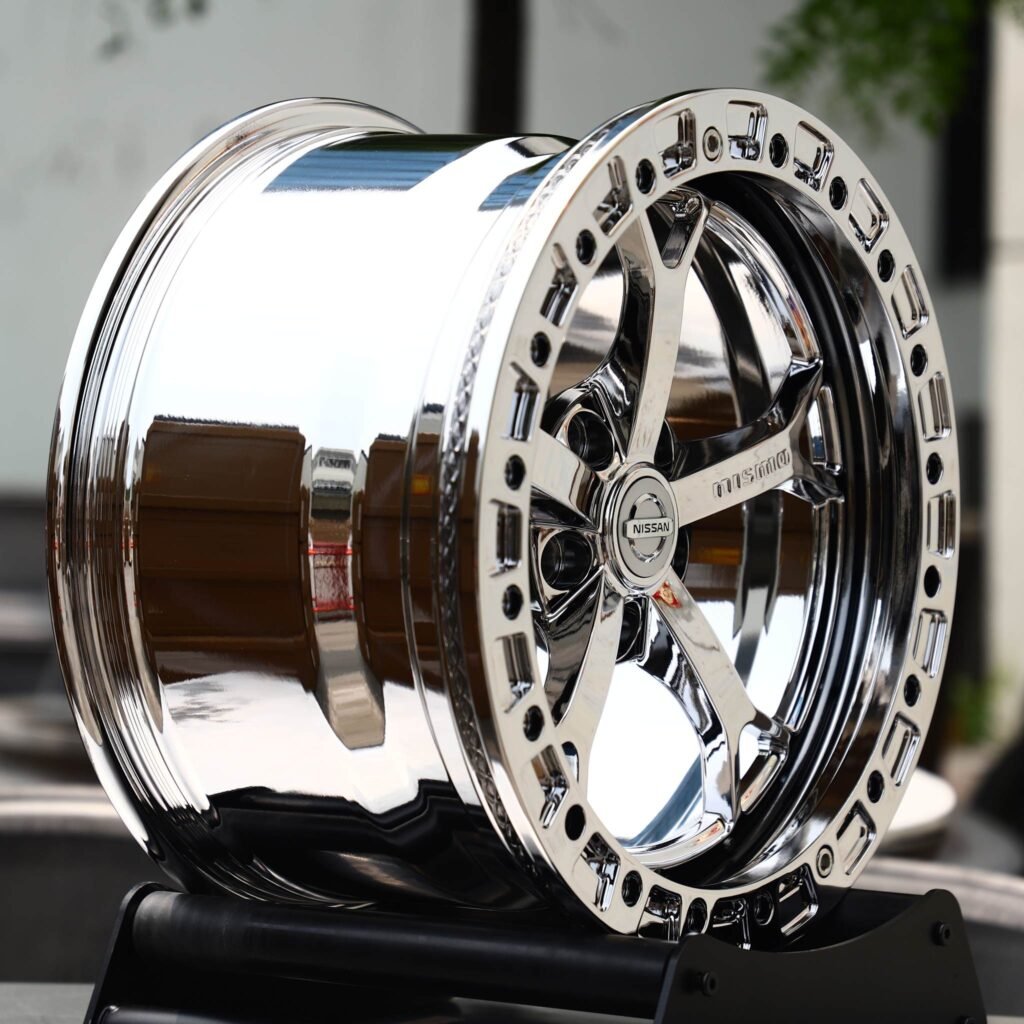 5x114.3 wheels – Chrome 5-Spoke Black Ring Beadlock (Nissan OEM-Style), side view