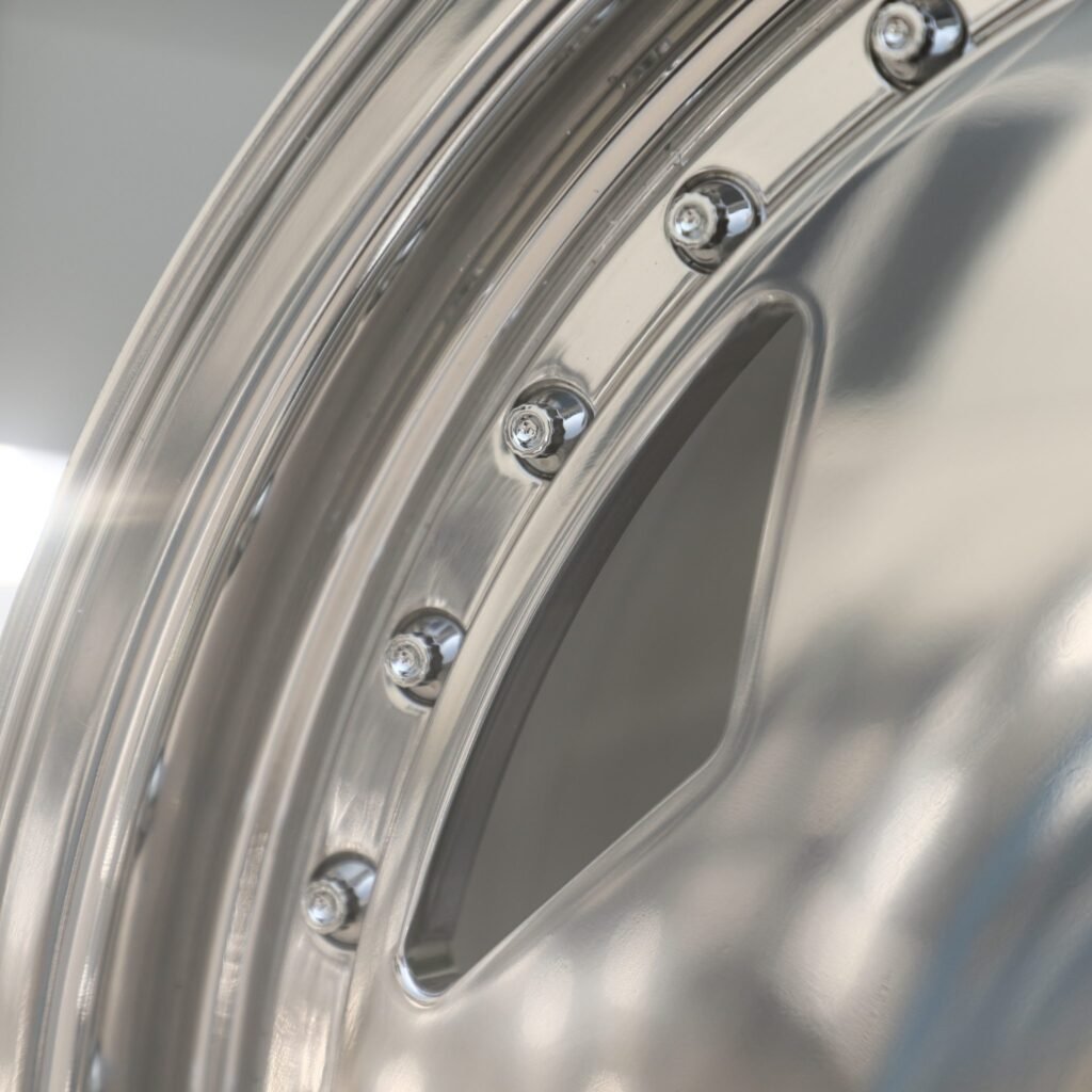 Tesla Model 3 wheels – Polished Turbofan Dish Riveted Lip (OZ Racing-Style), lip and barrel detail