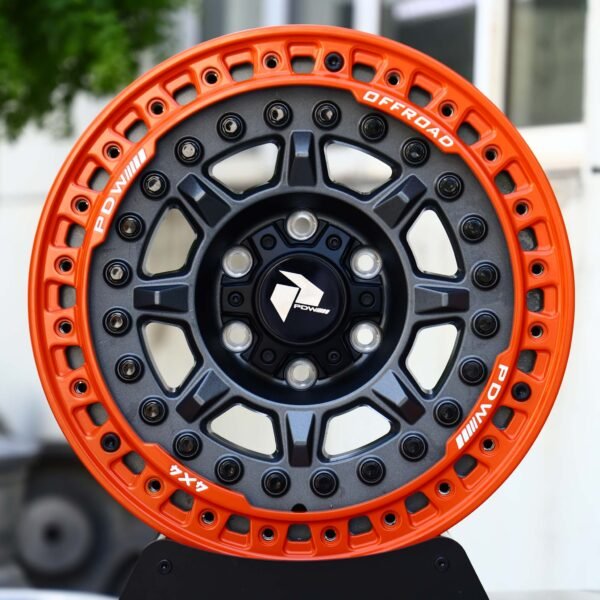 Ford Bronco wheels – Matte Black 8-Spoke Orange-Ring Beadlock (PDW Offroad-Style), front view