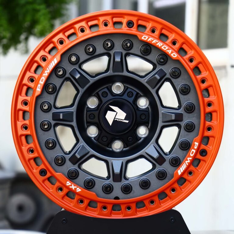 Ford Bronco wheels – Matte Black 8-Spoke Orange-Ring Beadlock (PDW Offroad-Style), front view