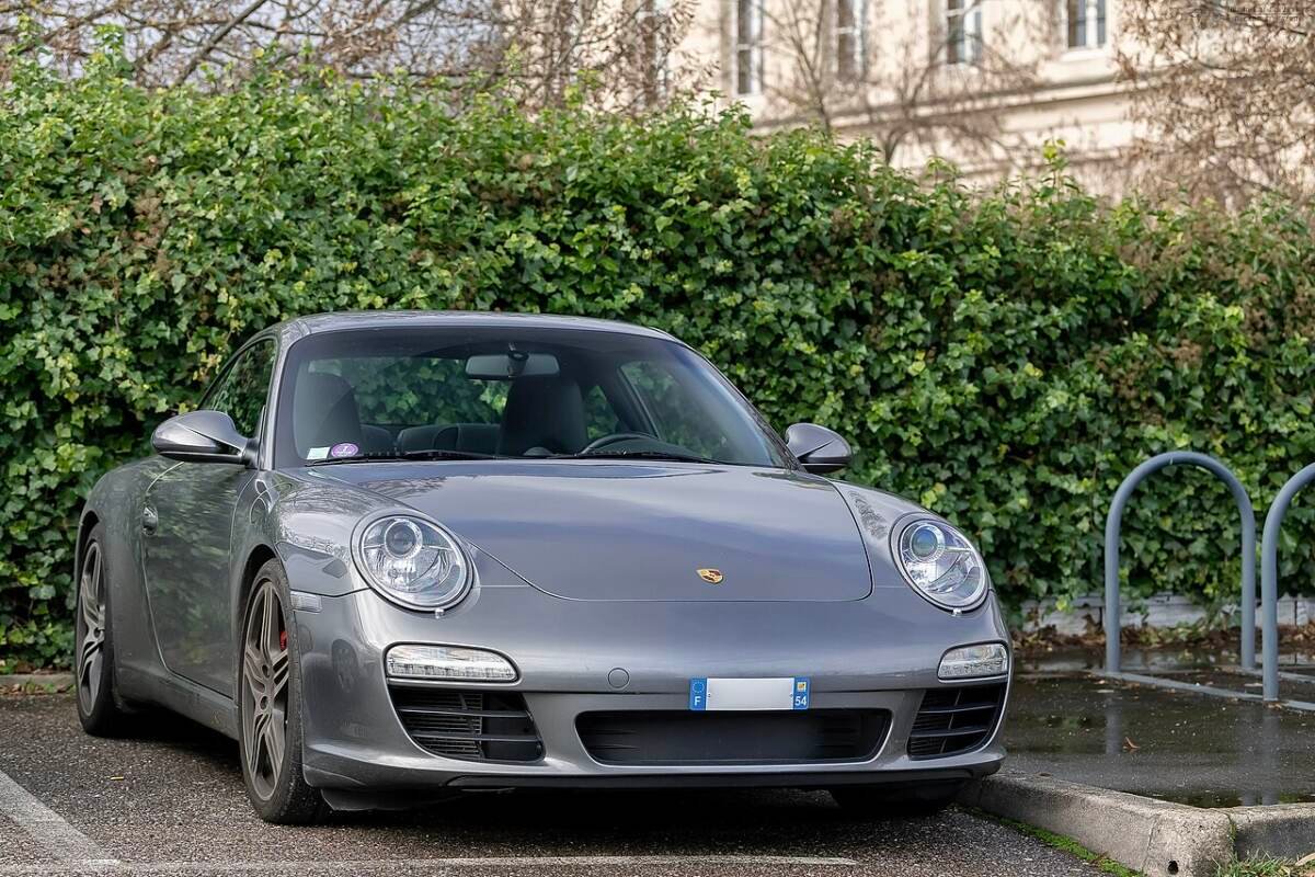 Grey Porsche 911 997 Carrera S front view with 19-inch style wheels, 5x130 bolt pattern