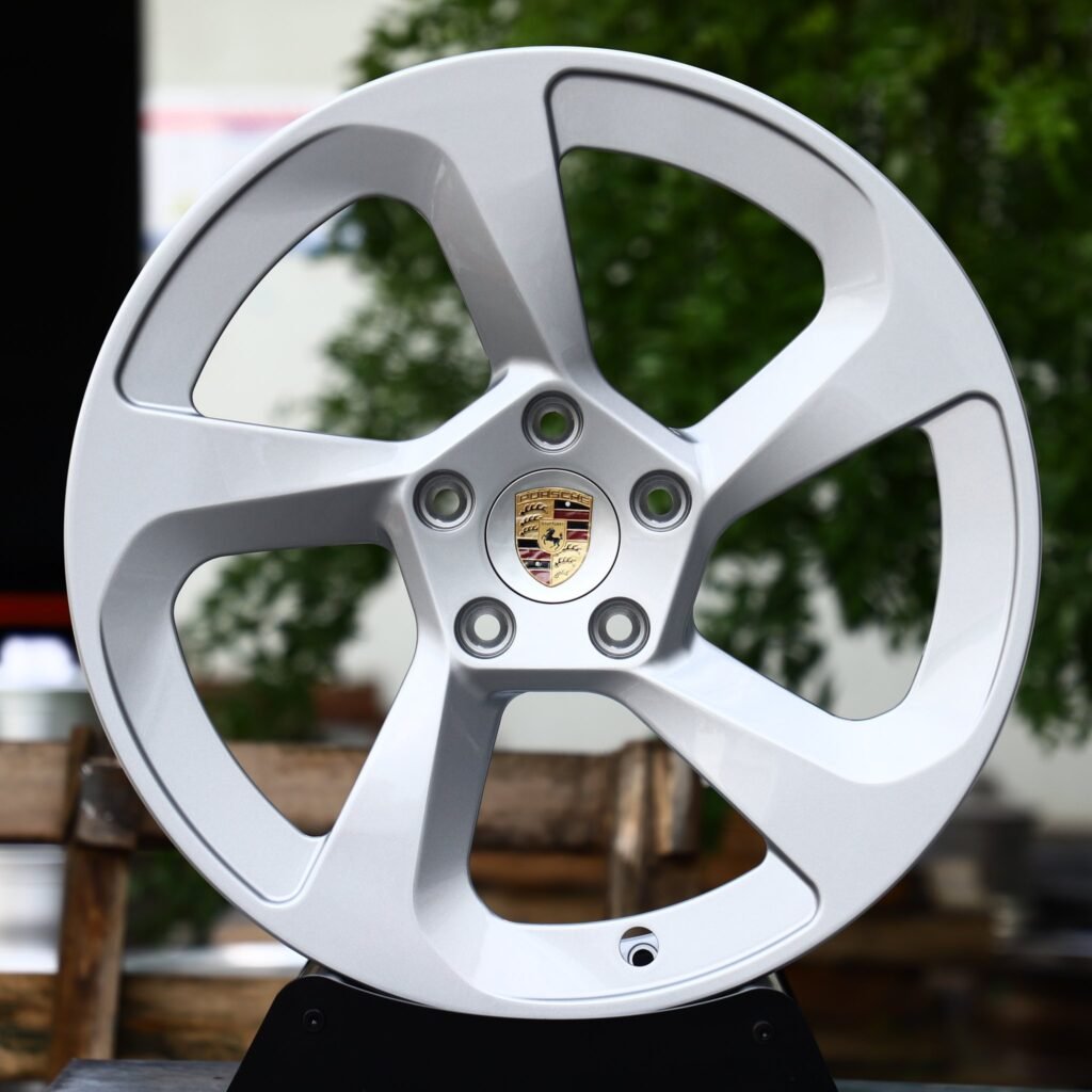 Porsche Taycan wheels – Bright Silver 5-Spoke Rotor (Porsche OEM-Style), front view