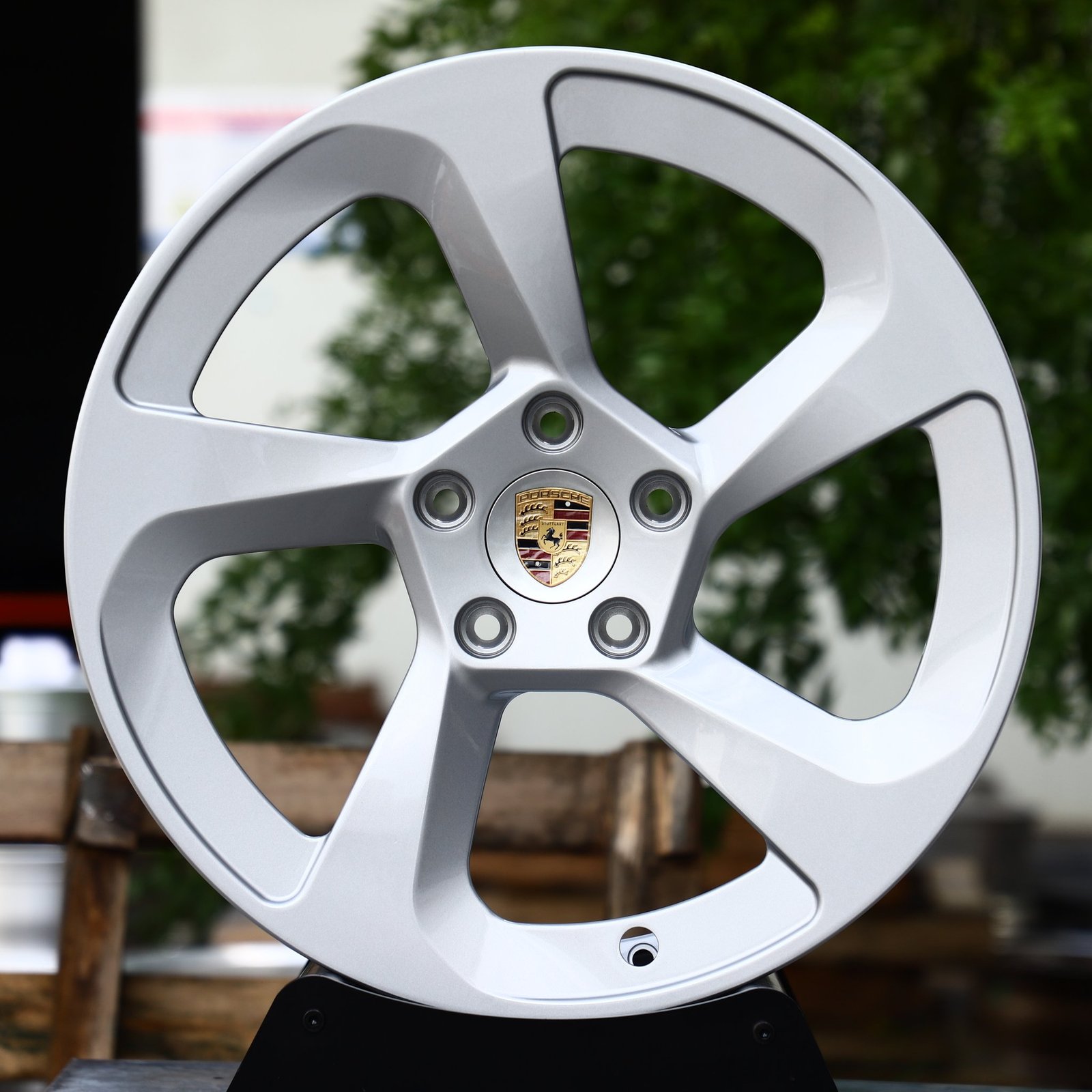 Porsche Taycan wheels – Bright Silver 5-Spoke Rotor (Porsche OEM-Style), front view