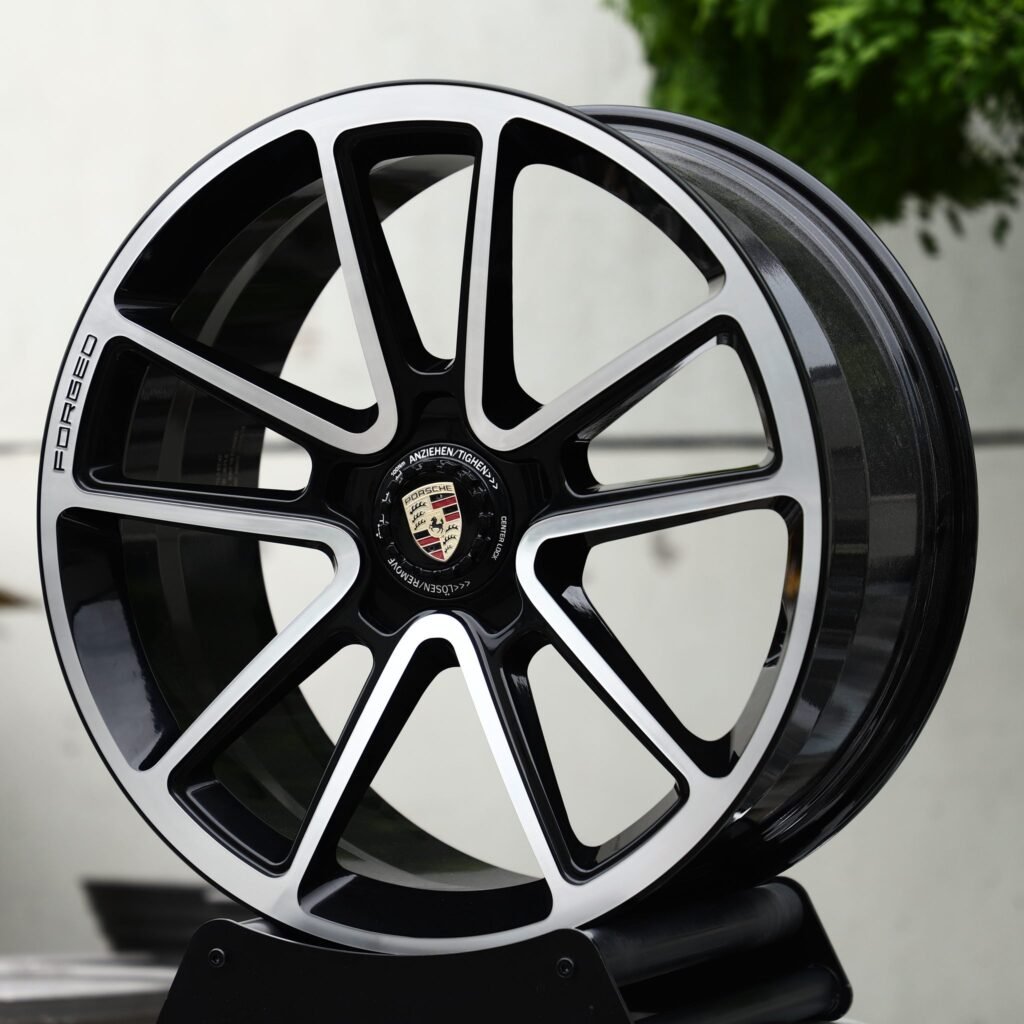 Porsche Panamera wheels – Gloss Black Machined 5 Double-Spoke Center-Lock (Porsche OEM-Style), angled view