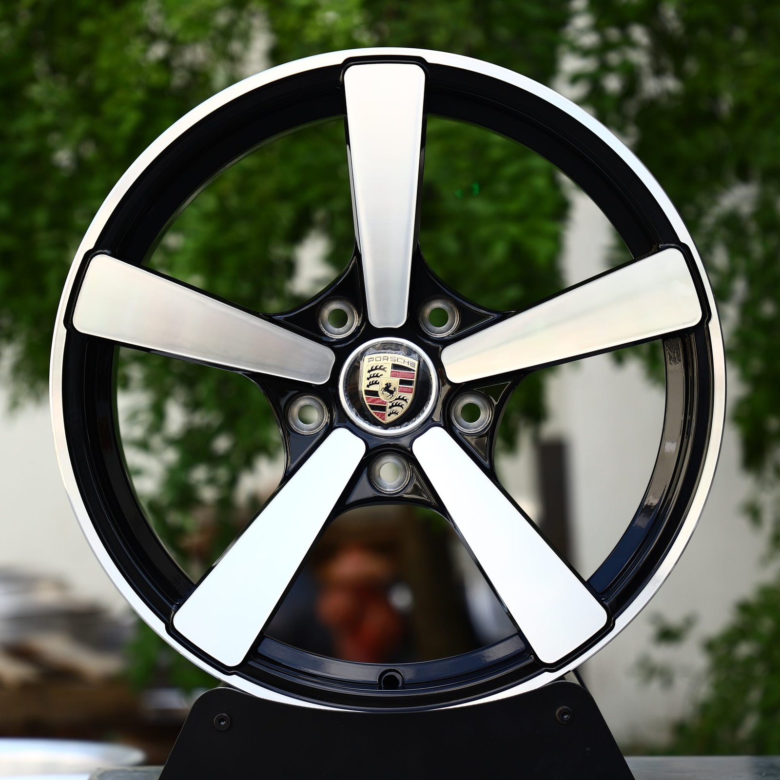 Porsche Cayman wheels – Gloss Black Machined 5-Spoke (Porsche OEM-Style), front view
