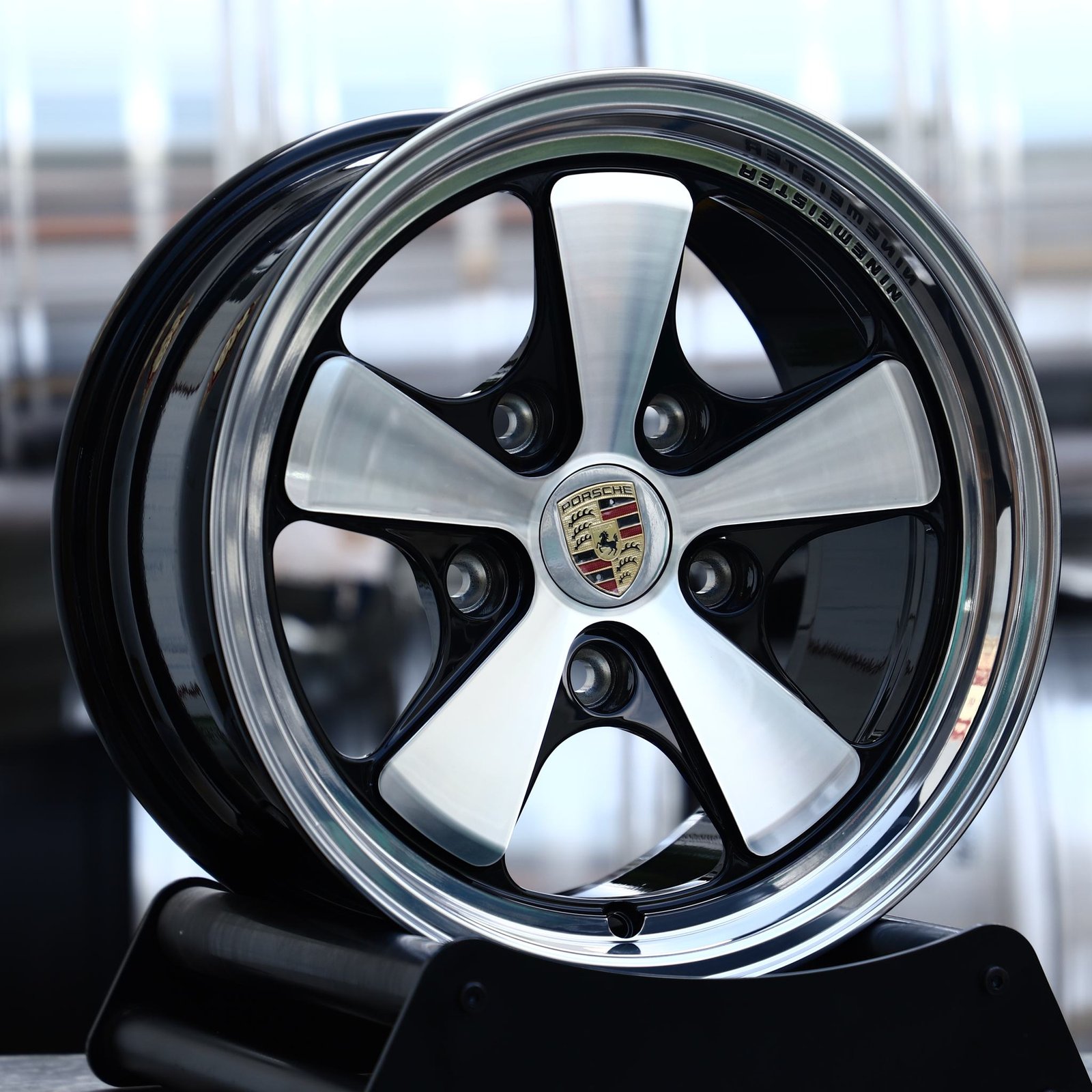 Porsche 911 wheels – Gloss Black Machined 5-Spoke Polished Deep Lip (Porsche OEM-Style), front view