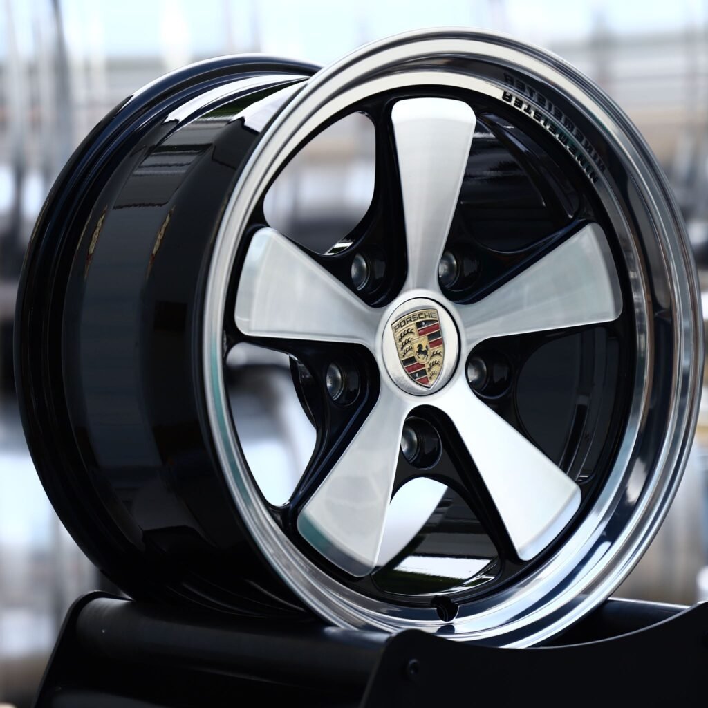 Porsche Panamera wheels – Gloss Black Machined 5-Spoke Polished Deep Lip (Porsche OEM-Style), angled view