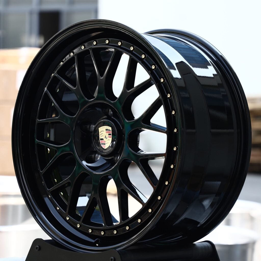 5x130 wheels – Gloss Black Mesh 2-Piece Gold Rivet (Porsche OEM-Style), side view