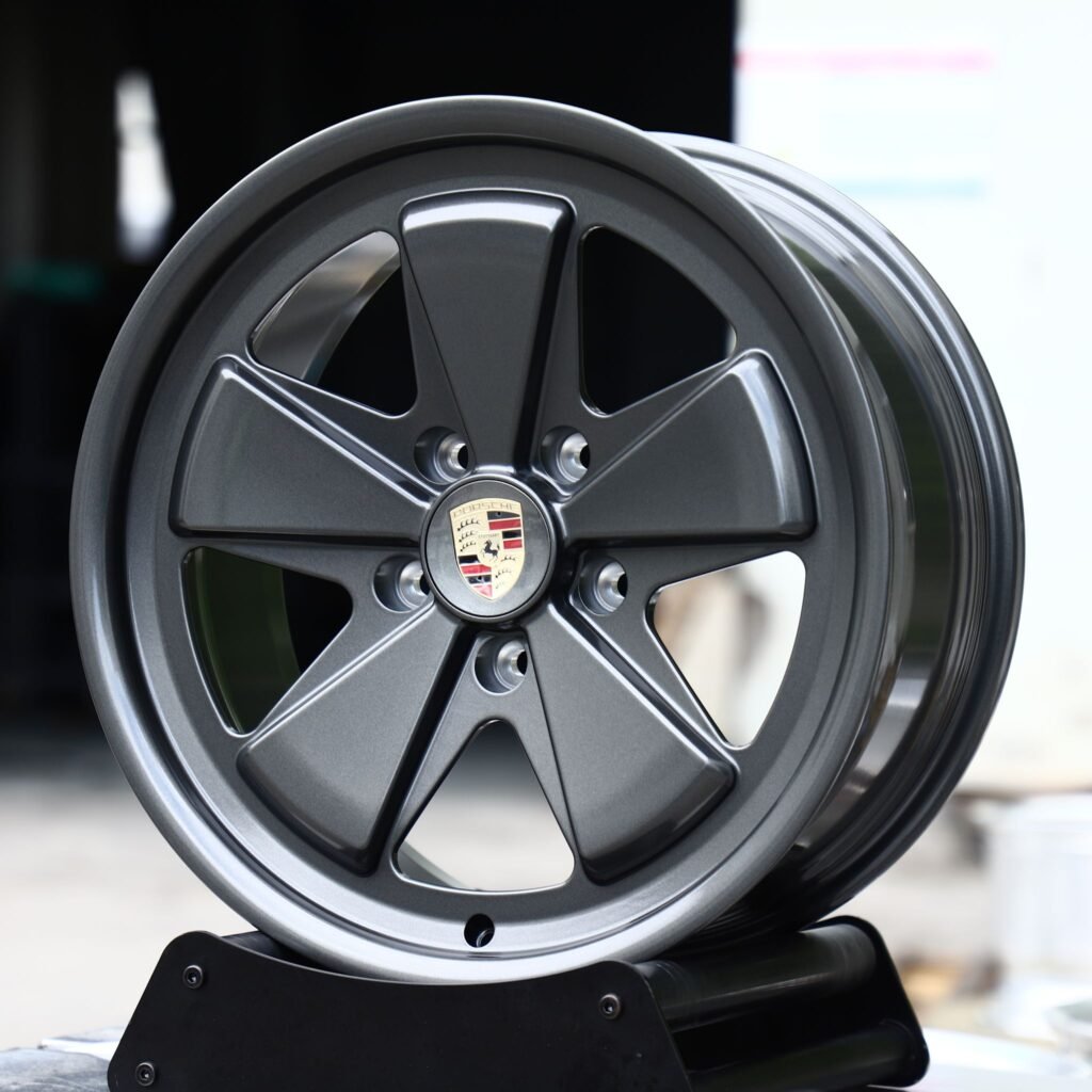Porsche Panamera wheels – Gunmetal 5-Spoke Petal (Porsche OEM-Style), angled view
