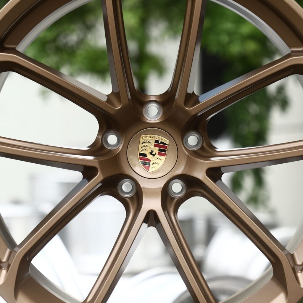 Porsche 718 Cayman wheels – Matte Bronze 5 Double-Spoke (Porsche OEM-Style), lip and barrel detail