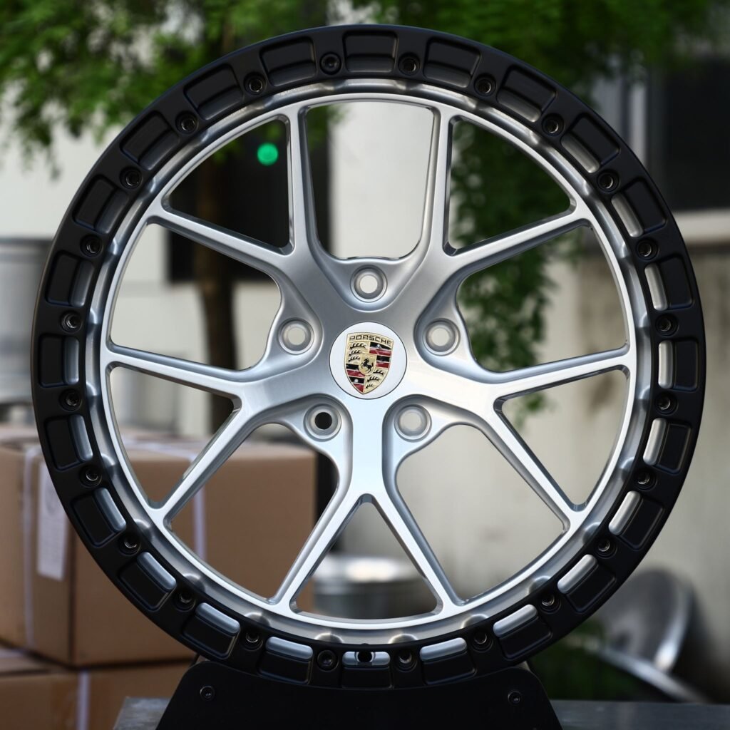 Porsche 911 wheels – Silver / Black 10 Y-Spoke Mesh Beadlock (Porsche OEM-Style), front view