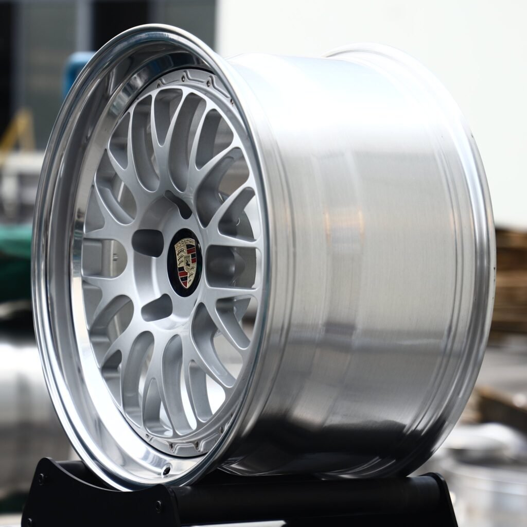 5x130 wheels – Silver Cross-Spoke Mesh 2-Piece Polished Lip (Porsche OEM-Style), side view