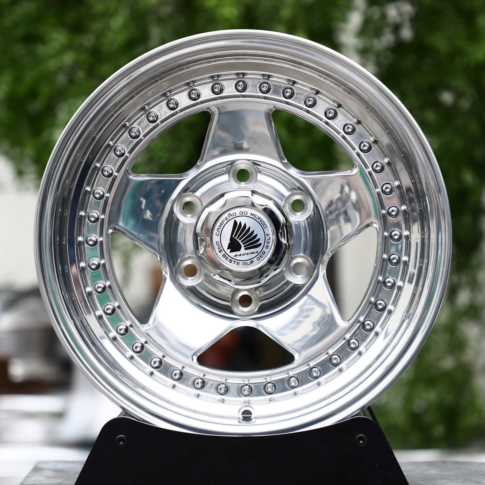 Jeep Wrangler wheels – 2-Piece Polished 5-Spoke Riveted Lip (Raguna-Style), front view